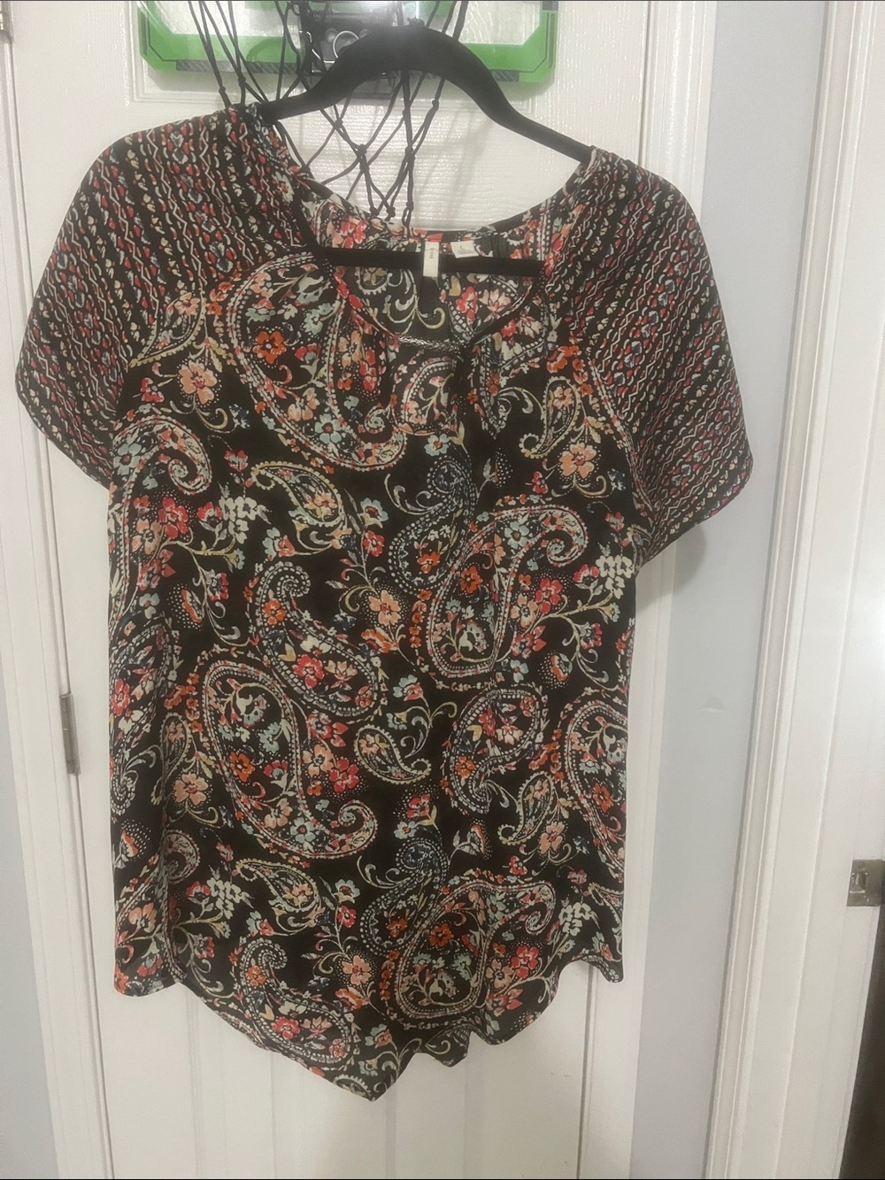 Black Paisley Floral Short-Sleeve Blouse with Tie Neck